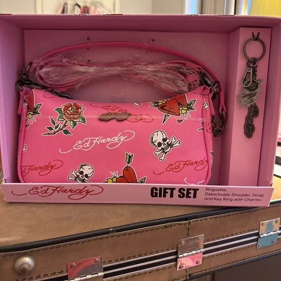 Ed Hardy Pink Graphic Baguette Bag - Picture 3 of 3